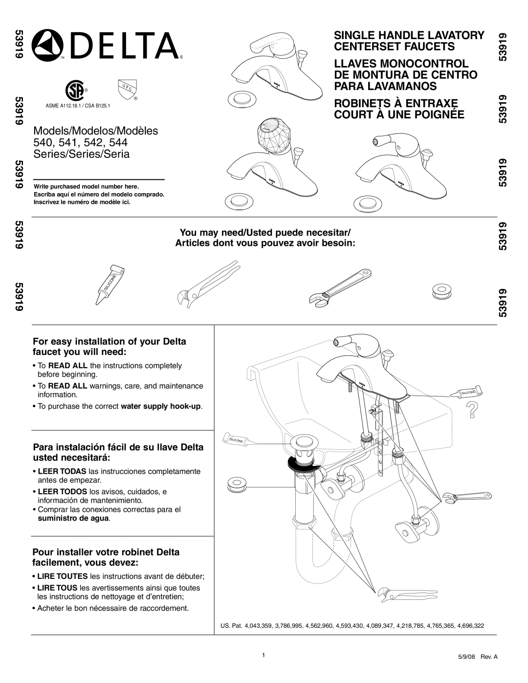 Delta 541 Series manual Lire Toutes les instructions avant de débuter, Acheter le bon nécessaire de raccordement, 53919 