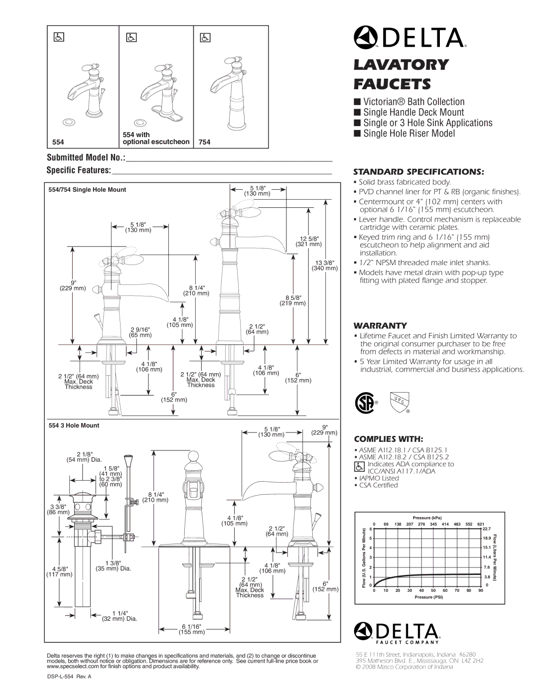 Delta warranty Standard SPECIFICATIONS­, Complies with, 554/754 Single Hole Mount, 554 3 Hole Mount 