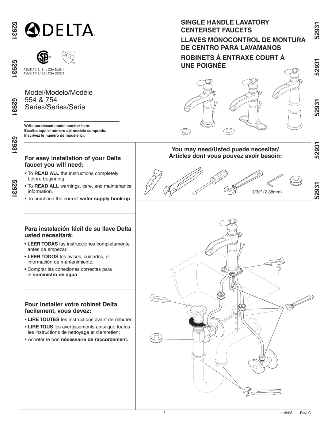 Delta 754 Series, 554 Series manual Single Handle Lavatory, Centerset Faucets, UNE Poignée, 52931 