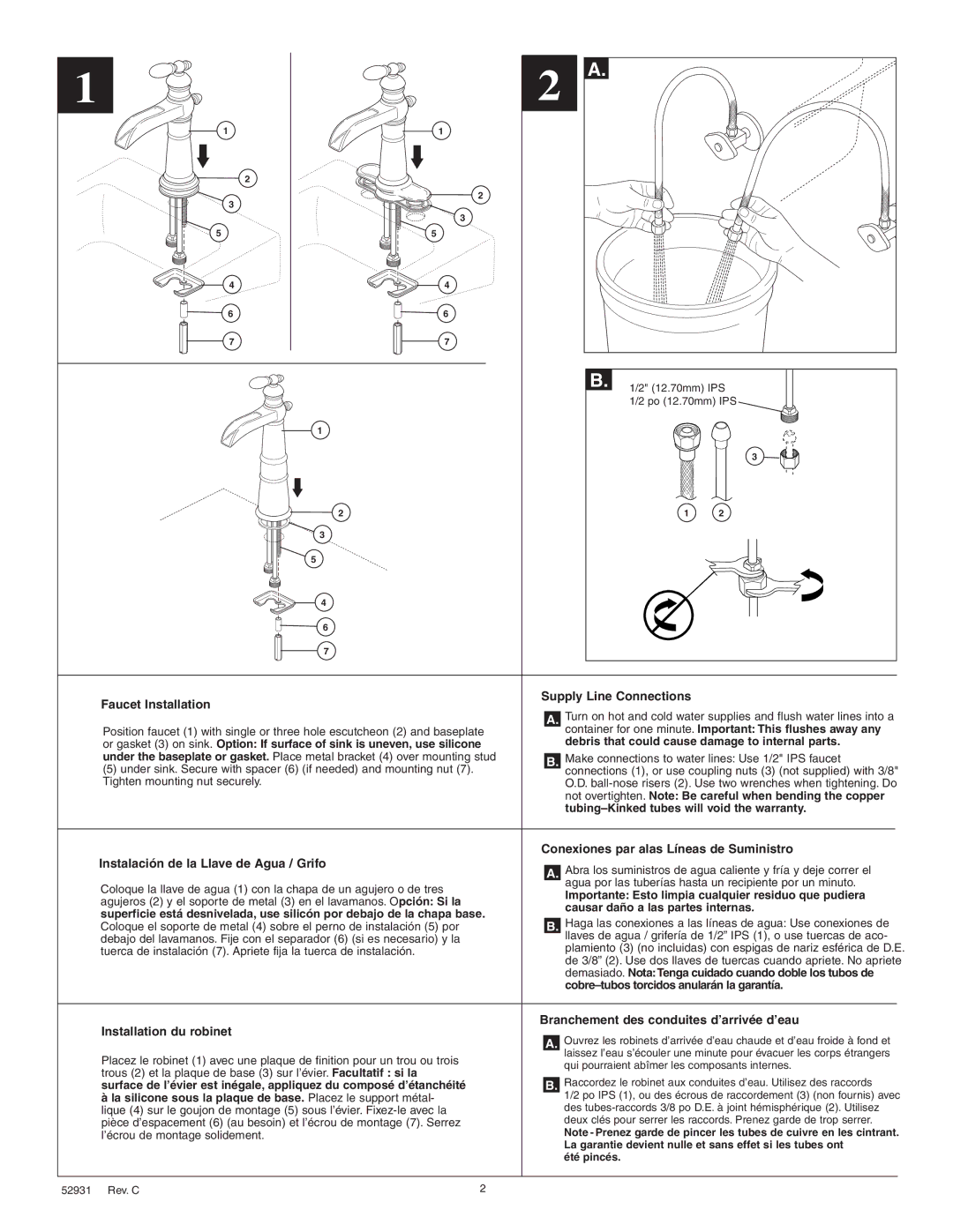 Delta 554 Series, 754 Series manual Faucet Installation Supply Line Connections 