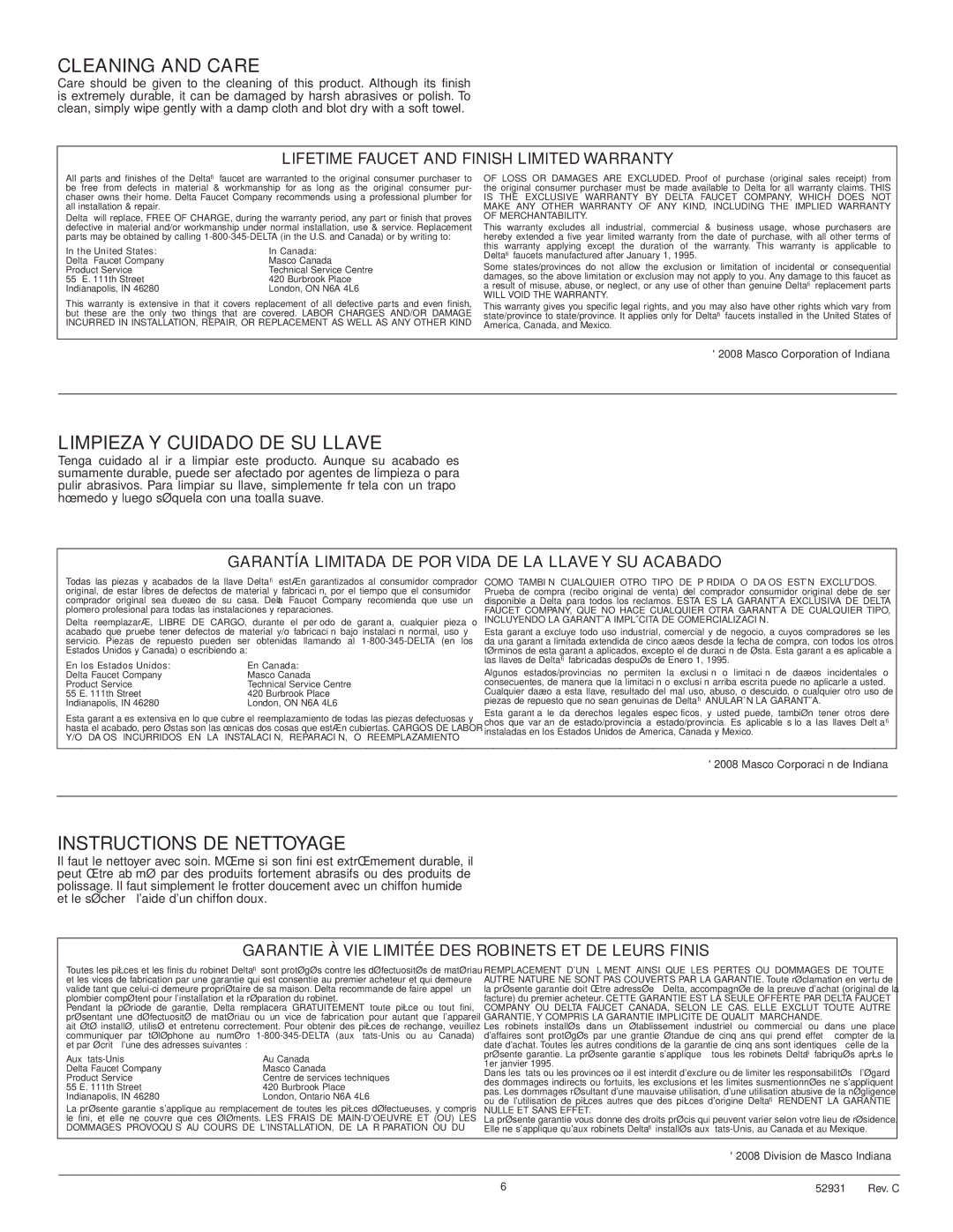 Delta 554 Series manual Cleaning and Care, Limpieza Y Cuidado DE SU Llave, Lifetime Faucet and Finish Limited Warranty 