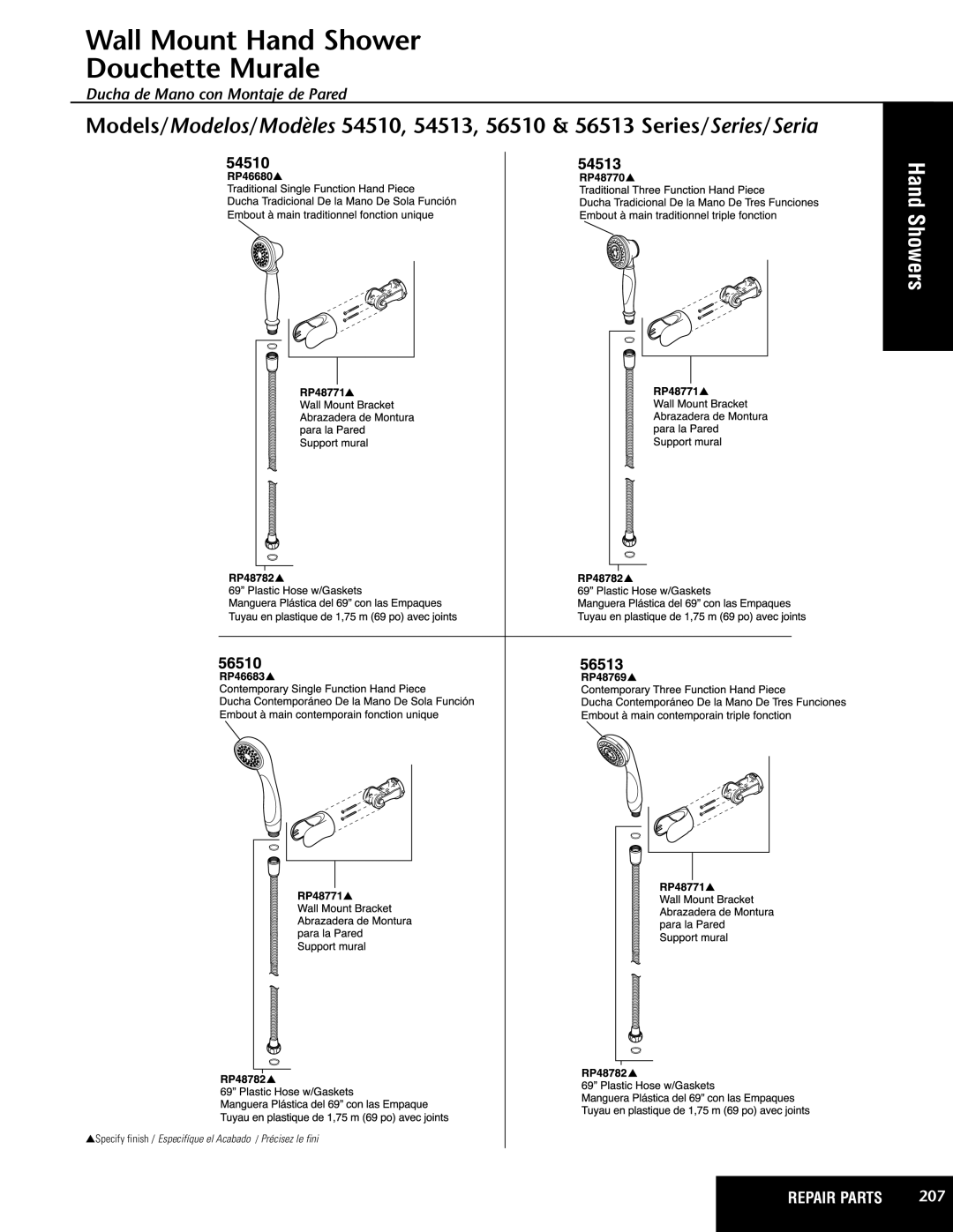 Delta 56510 Series, 56513 Series, 54510 Series, 54513 Series manual Wall Mount Hand Shower Douchette Murale 