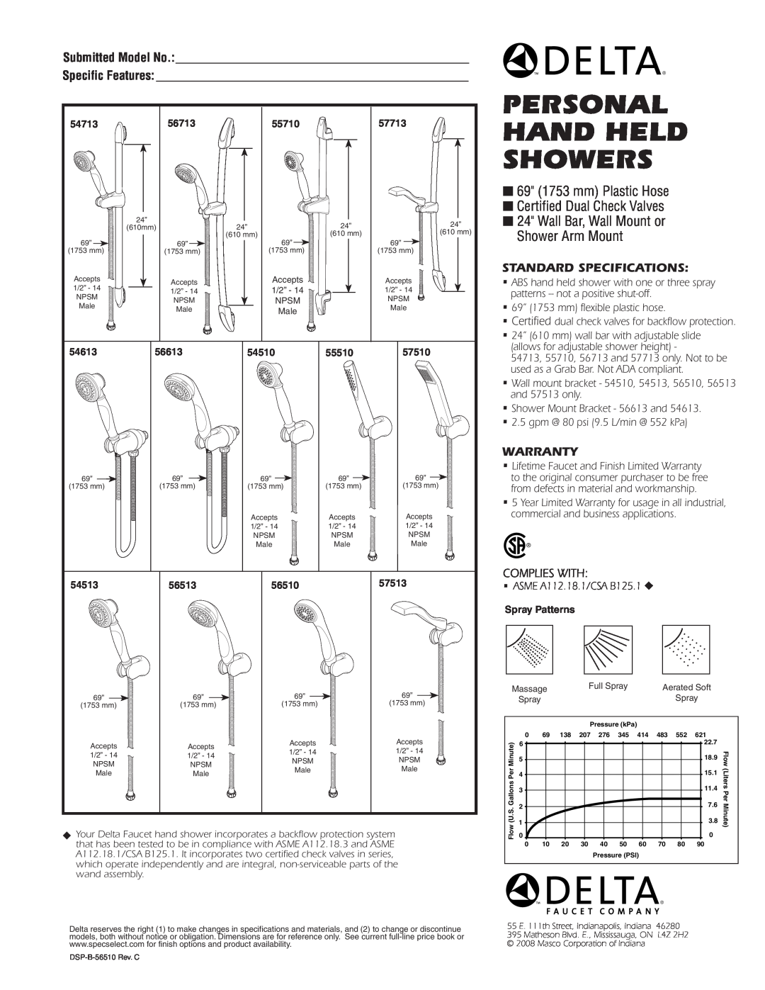 Delta 57510 warranty Personal Hand Held Showers, n 69 1753 mm Plastic Hose n Certified Dual Check Valves, Warranty, 54713 