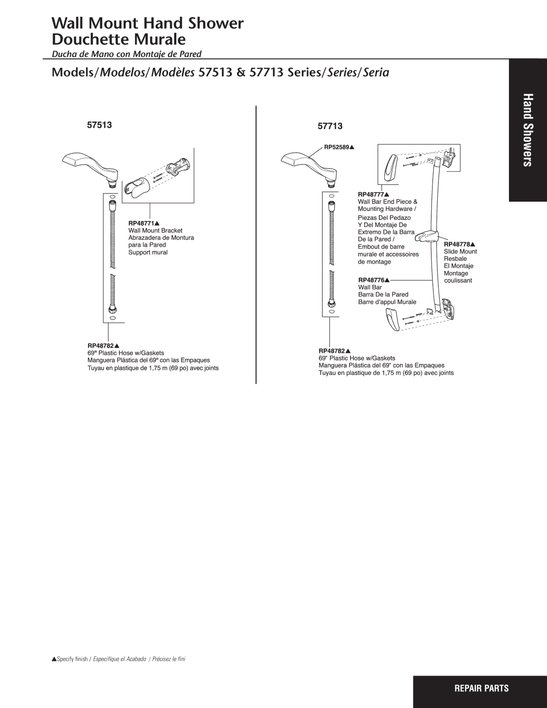 Delta 57513 Series, 57713 Series manual Wall Mount Hand Shower Douchette Murale 