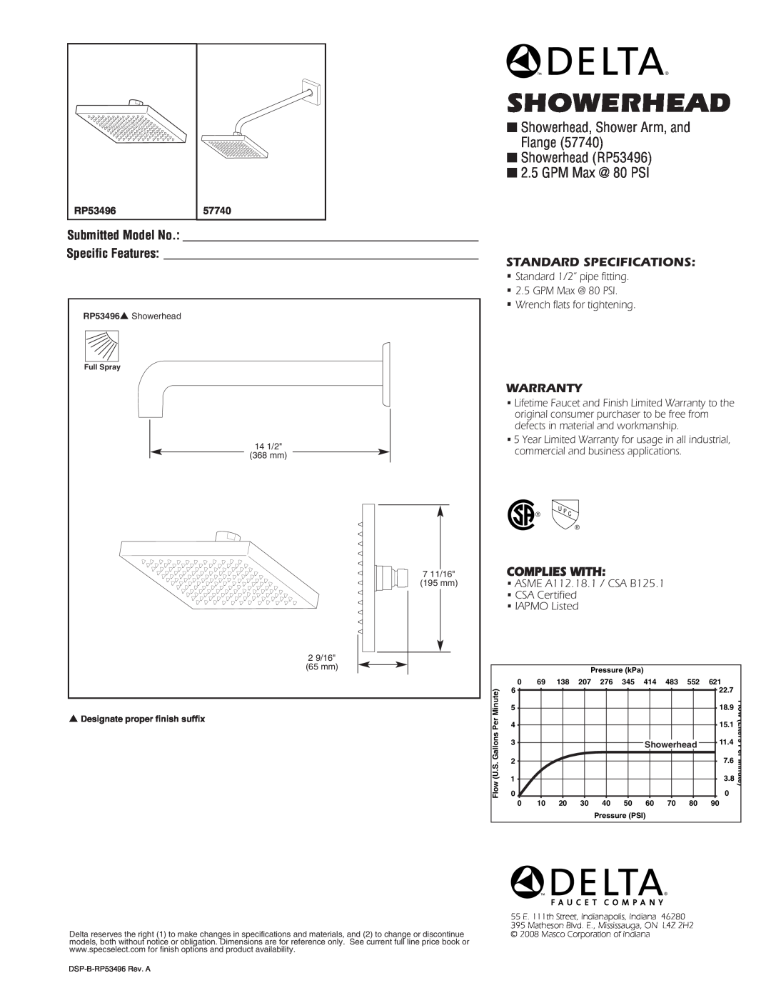 Delta specifications Showerhead, Shower Arm, and Flange Showerhead RP53496, GPM Max @ 80 PSI, Submitted Model No 