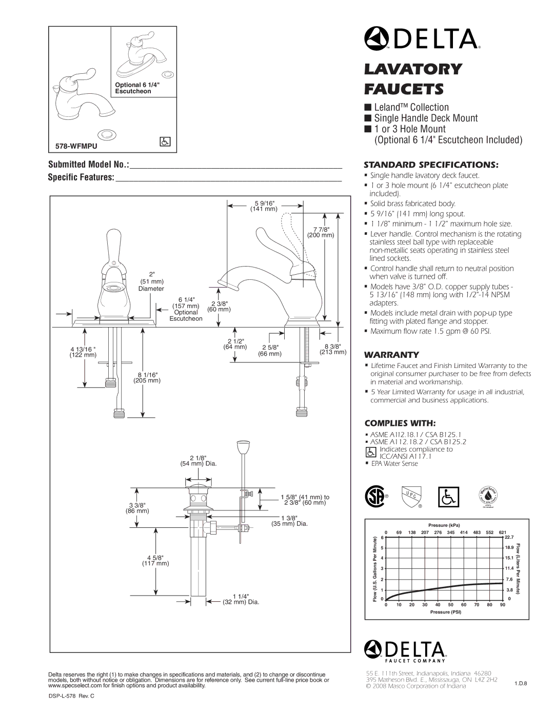 Delta 578-WFMPU warranty Faucets, Standard SPECIFICATIONS­, Warranty, Complies with, Submitted Model No Specific Features 