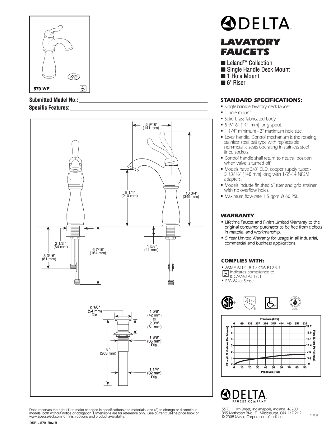 Delta 579-WF warranty Lavatory FAUCETS, Leland Collection Single Handle Deck Mount 1 Hole Mount 6 Riser, Warranty 