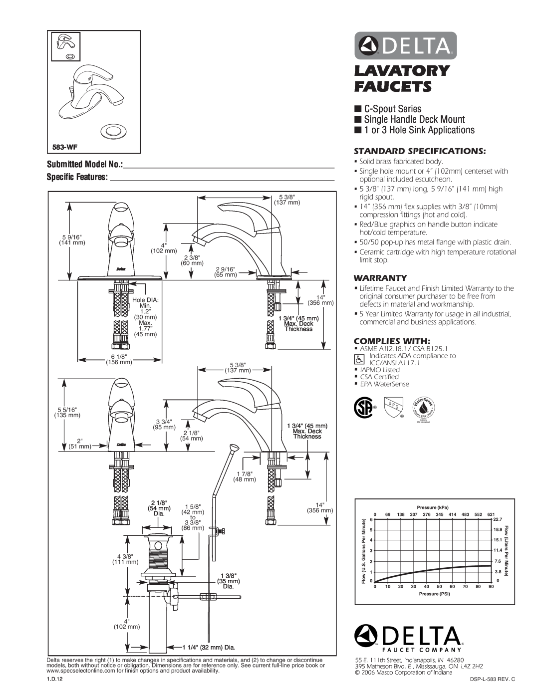 Delta 583-WF warranty Lavatory Faucets, C-Spout Series Single Handle Deck Mount 1 or 3 Hole Sink Applications, Warranty 