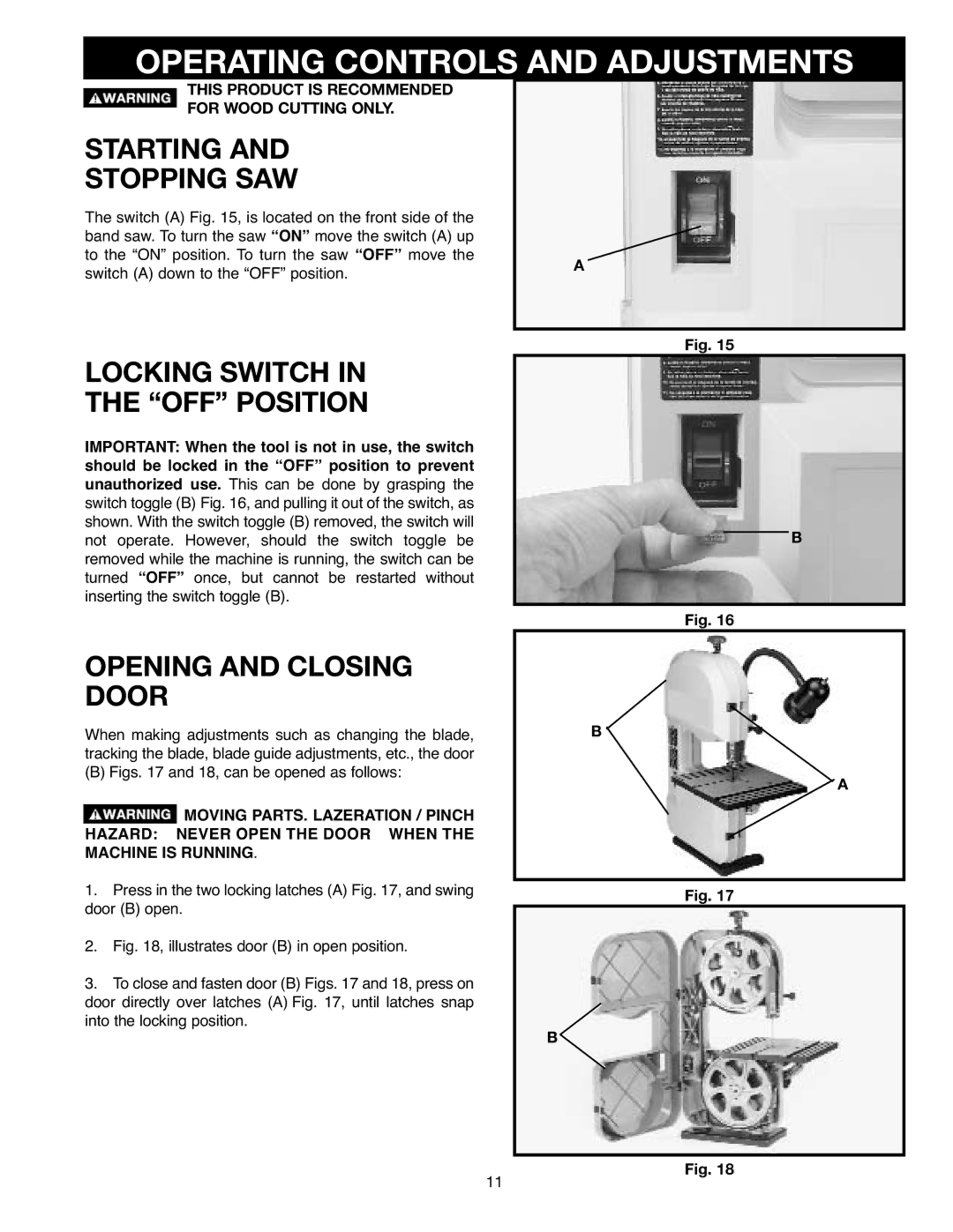 Delta SM400, 638518-00 Operating Controls and Adjustments, Starting Stopping SAW, Locking Switch OFF Position 