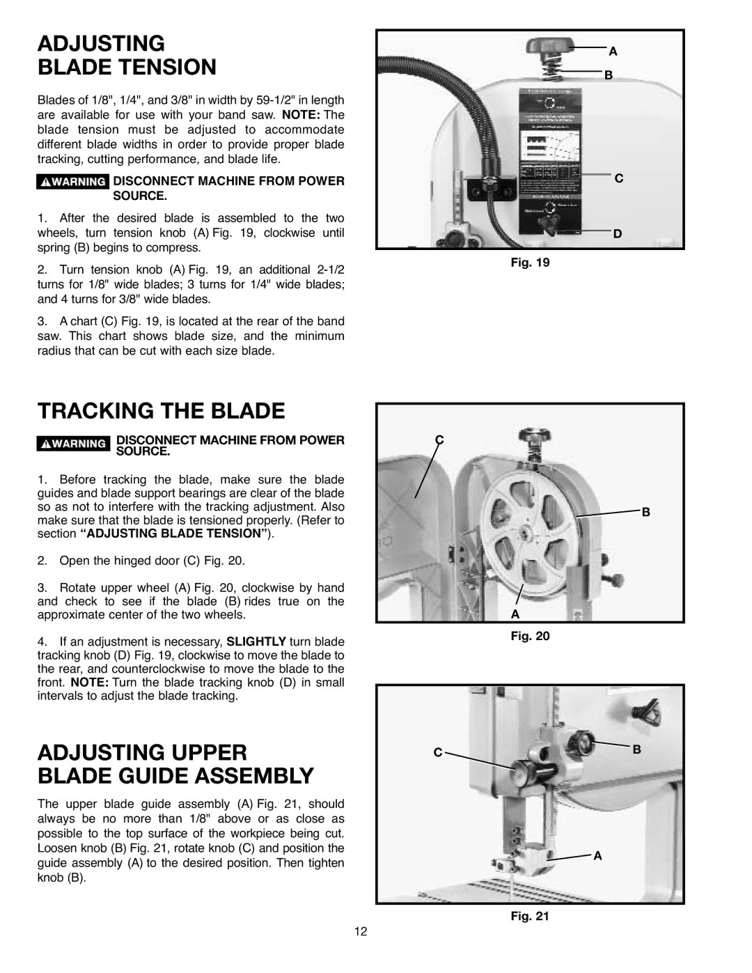 Delta 638518-00, SM400 instruction manual Adjusting Blade Tension, Tracking the Blade, Adjusting Upper Blade Guide Assembly 