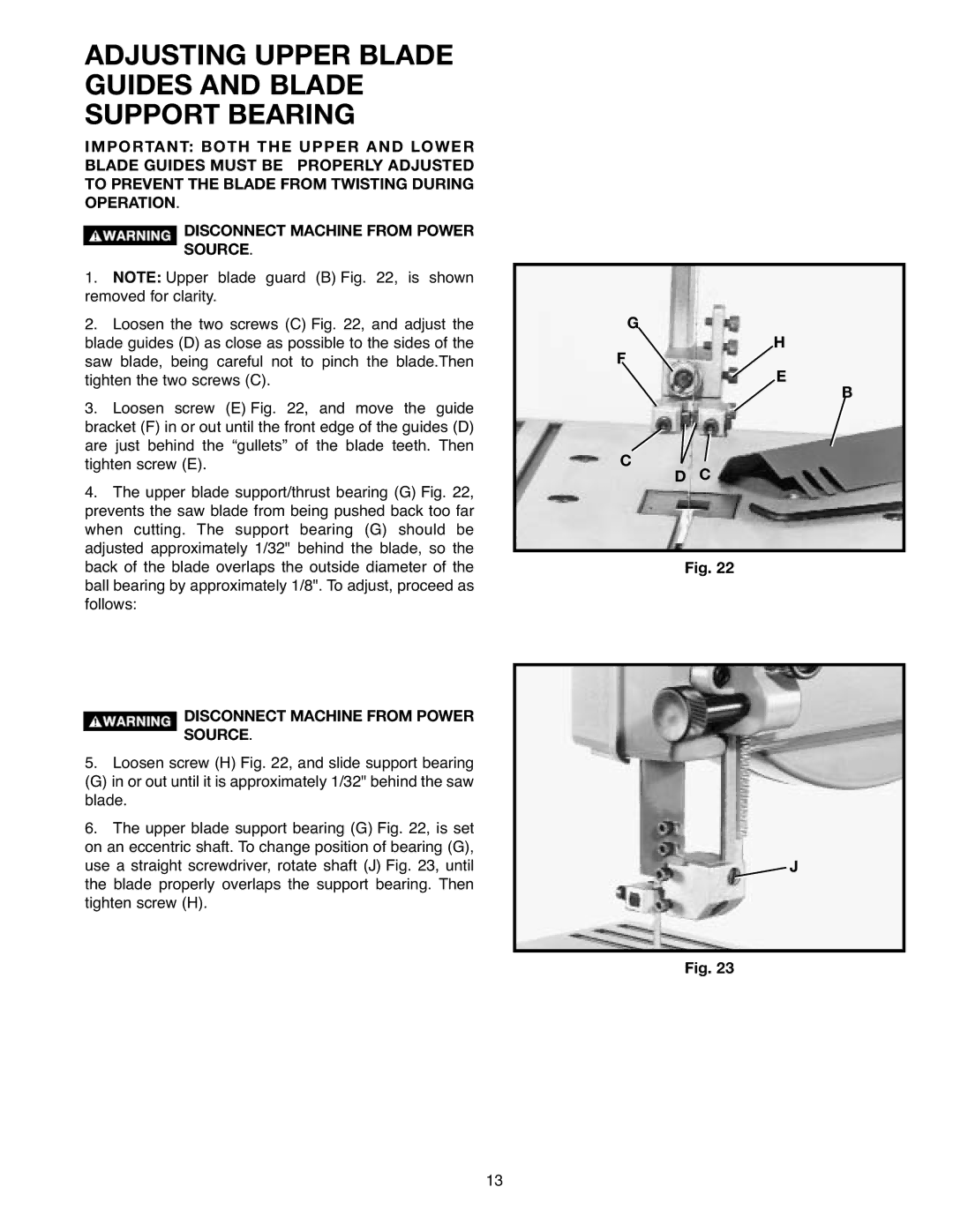 Delta SM400, 638518-00 instruction manual Adjusting Upper Blade Guides and Blade Support Bearing 