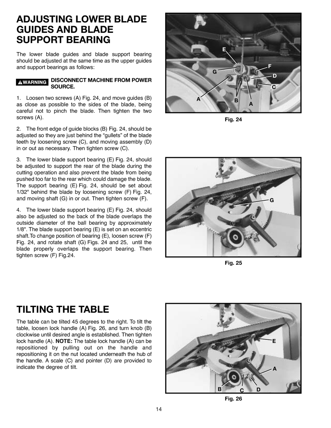 Delta 638518-00, SM400 instruction manual Adjusting Lower Blade Guides and Blade Support Bearing, Tilting the Table 