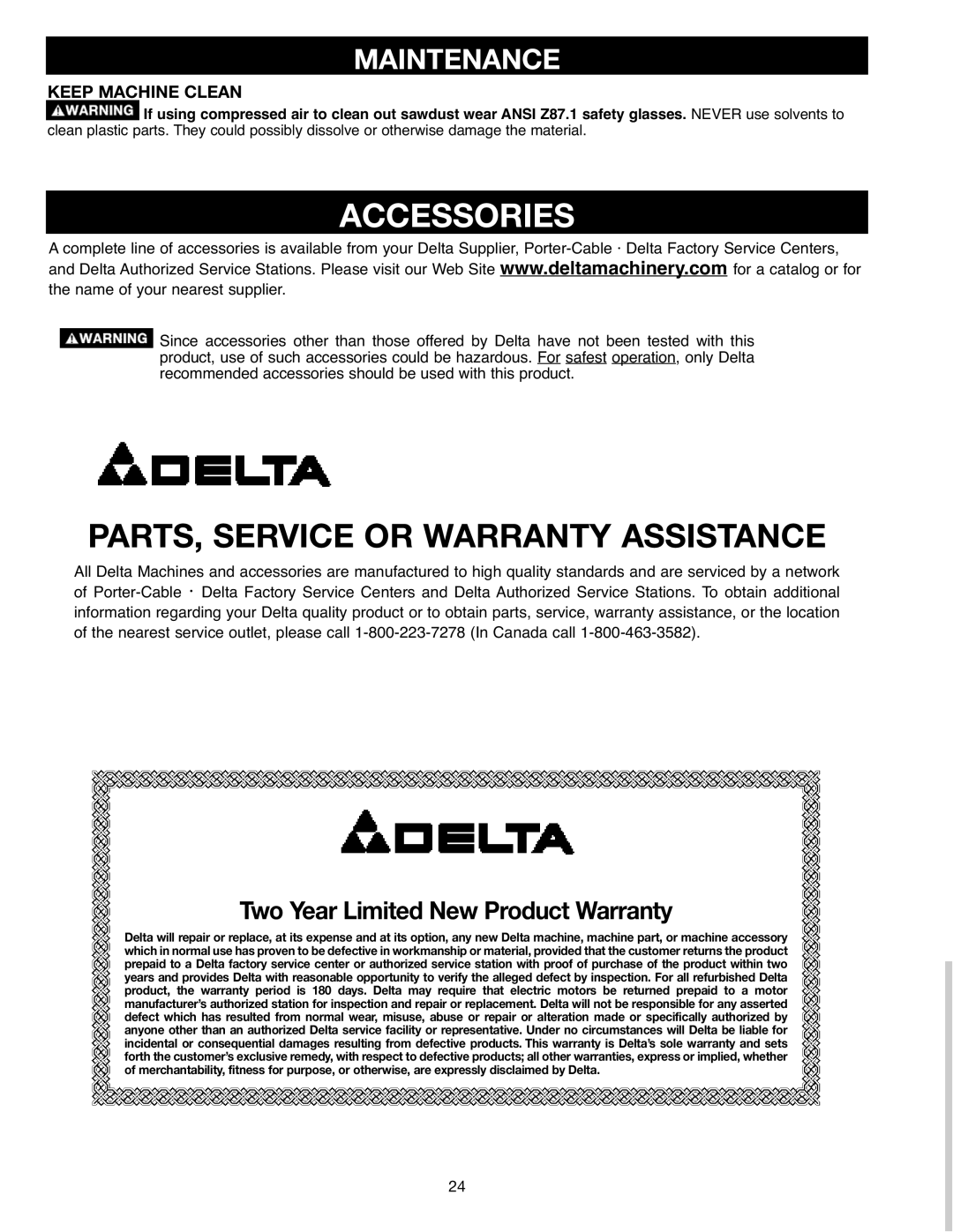 Delta 638518-00, SM400 instruction manual Accessories, Maintenance 