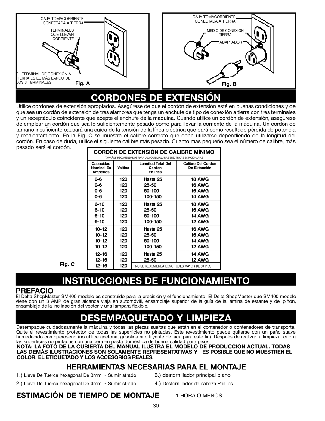 Delta 638518-00, SM400 instruction manual Cordones DE Extensión, Instrucciones DE Funcionamiento, Desempaquetado Y Limpieza 