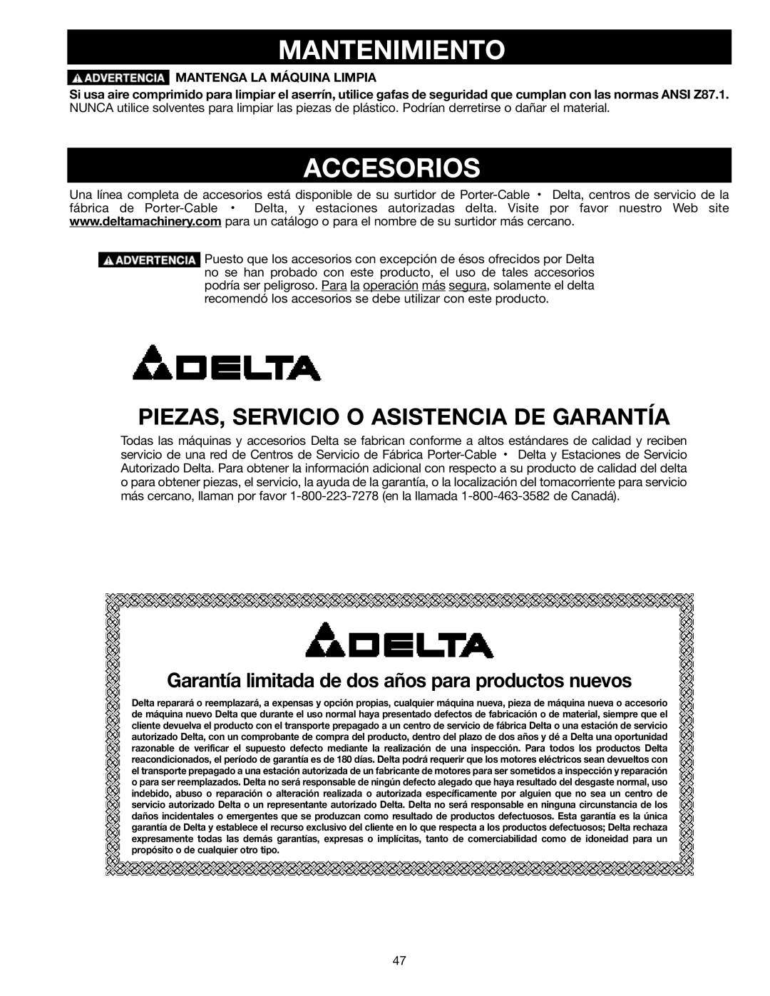 Delta SM400, 638518-00 instruction manual Mantenimiento, Accesorios, PIEZAS, Servicio O Asistencia DE Garantía 