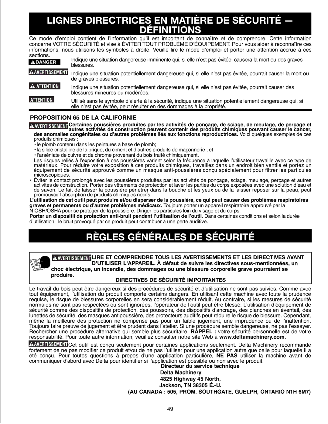 Delta SM400, 638518-00 Lignes Directrices EN Matière DE Sécurité Définitions, Règles Générales DE Sécurité 