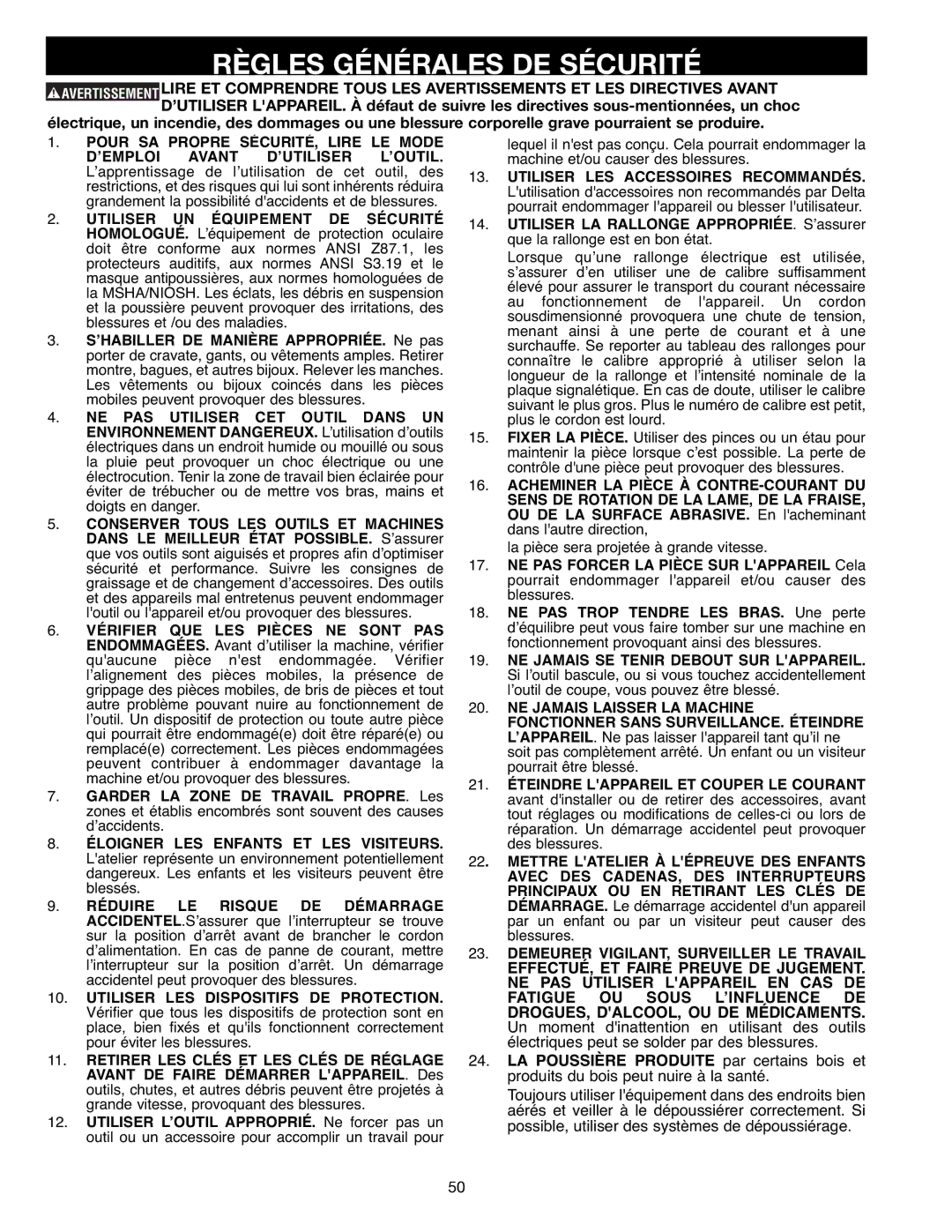 Delta 638518-00, SM400 instruction manual Mettre Latelier À Lépreuve DES Enfants 