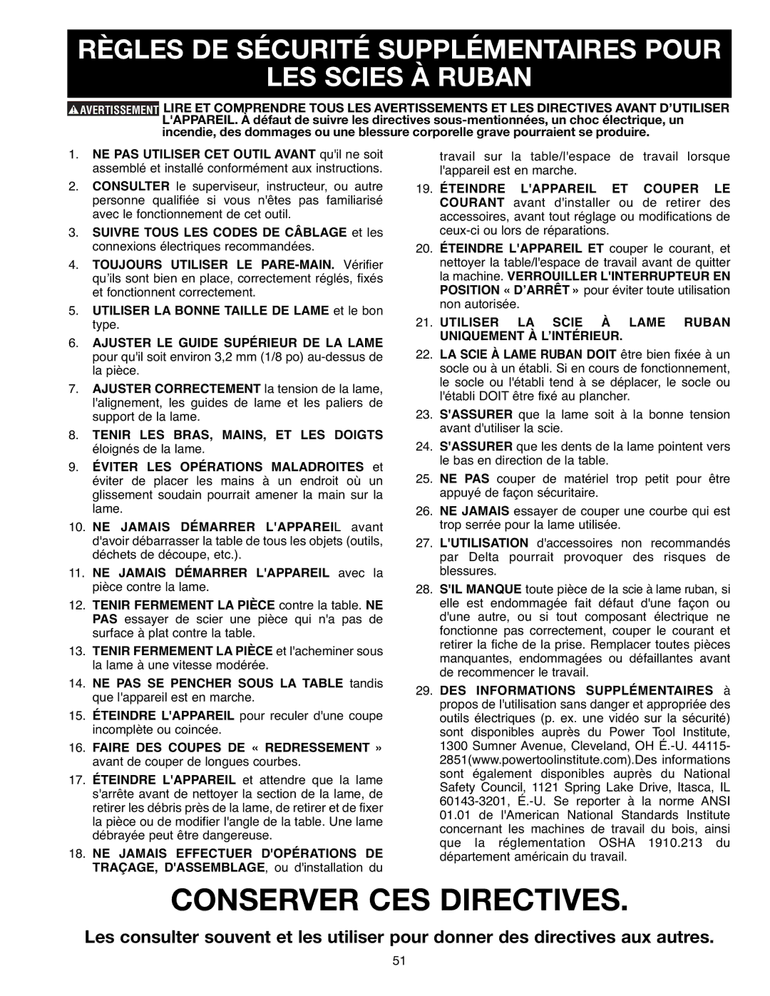 Delta SM400, 638518-00 instruction manual Règles DE Sécurité Supplémentaires Pour LES Scies À Ruban 