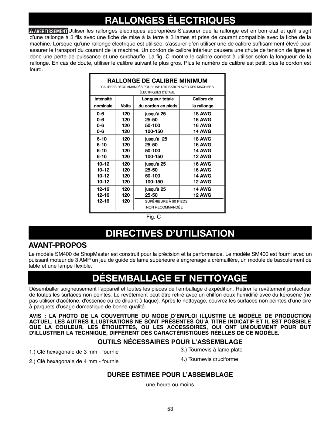 Delta SM400, 638518-00 instruction manual Rallonges Électriques, Directives D’UTILISATION, Désemballage ET Nettoyage 