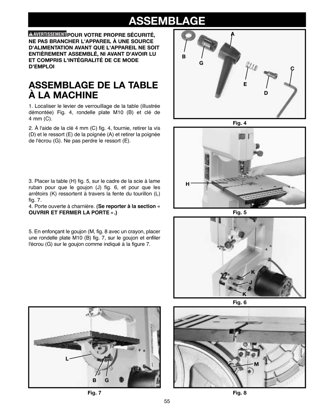 Delta SM400, 638518-00 instruction manual Assemblage DE LA Table À LA Machine, Ouvrir ET Fermer LA Porte » 