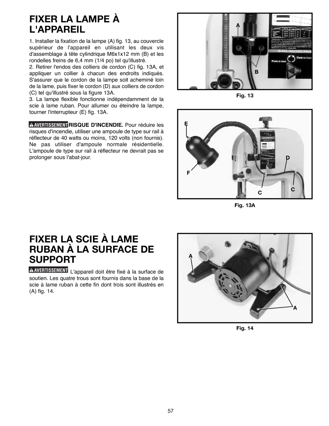 Delta SM400, 638518-00 instruction manual Fixer LA Lampe À Lappareil, Fixer LA Scie À Lame Ruban À LA Surface DE Support 