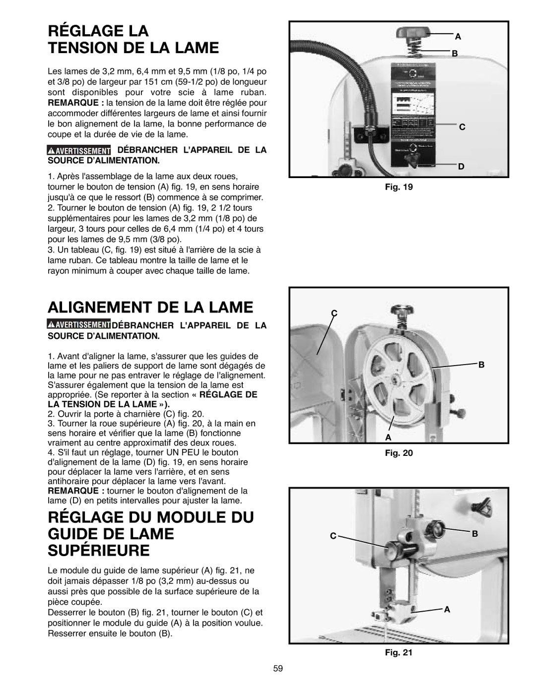 Delta SM400, 638518-00 Réglage LA Tension DE LA Lame, Alignement DE LA Lame, Réglage DU Module DU Guide DE Lame Supérieure 