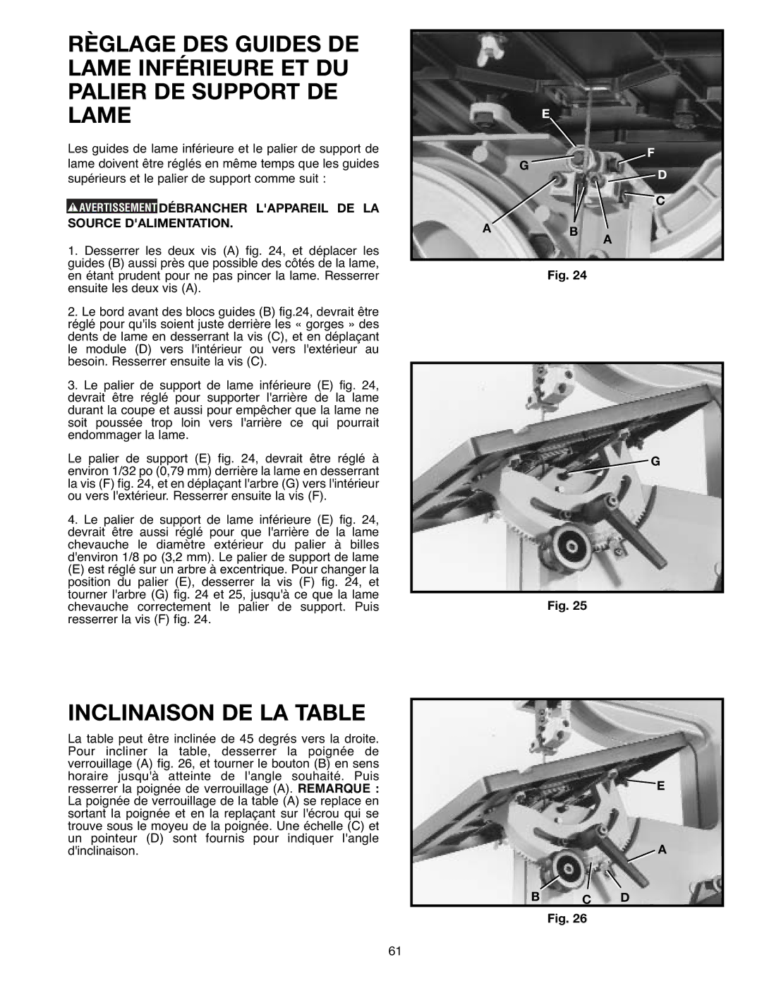 Delta SM400, 638518-00 instruction manual Inclinaison DE LA Table 