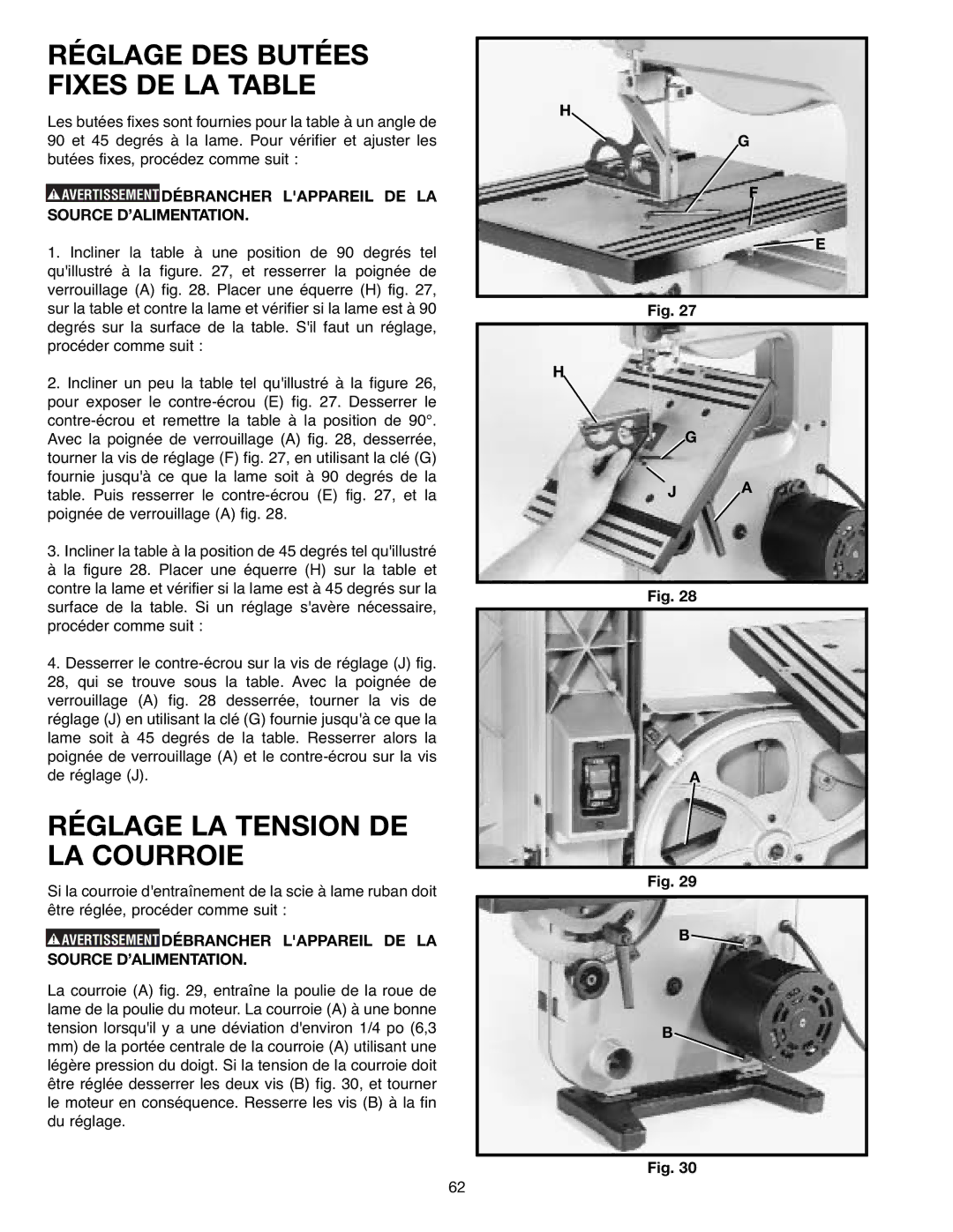 Delta 638518-00, SM400 instruction manual Réglage DES Butées Fixes DE LA Table, Réglage LA Tension DE LA Courroie 