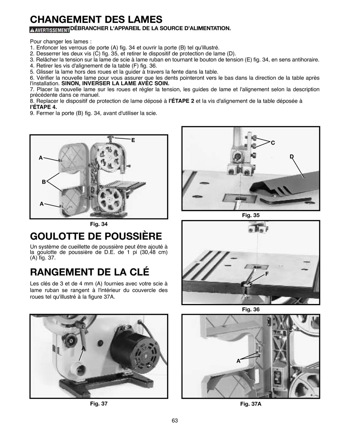 Delta SM400, 638518-00 instruction manual Changement DES Lames, Goulotte DE Poussière, Rangement DE LA CLÉ 