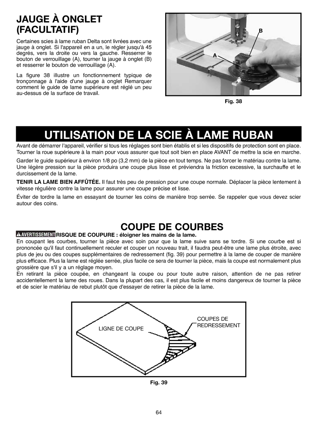 Delta 638518-00, SM400 instruction manual Utilisation DE LA Scie À Lame Ruban, Jauge À Onglet Facultatif, Coupe DE Courbes 