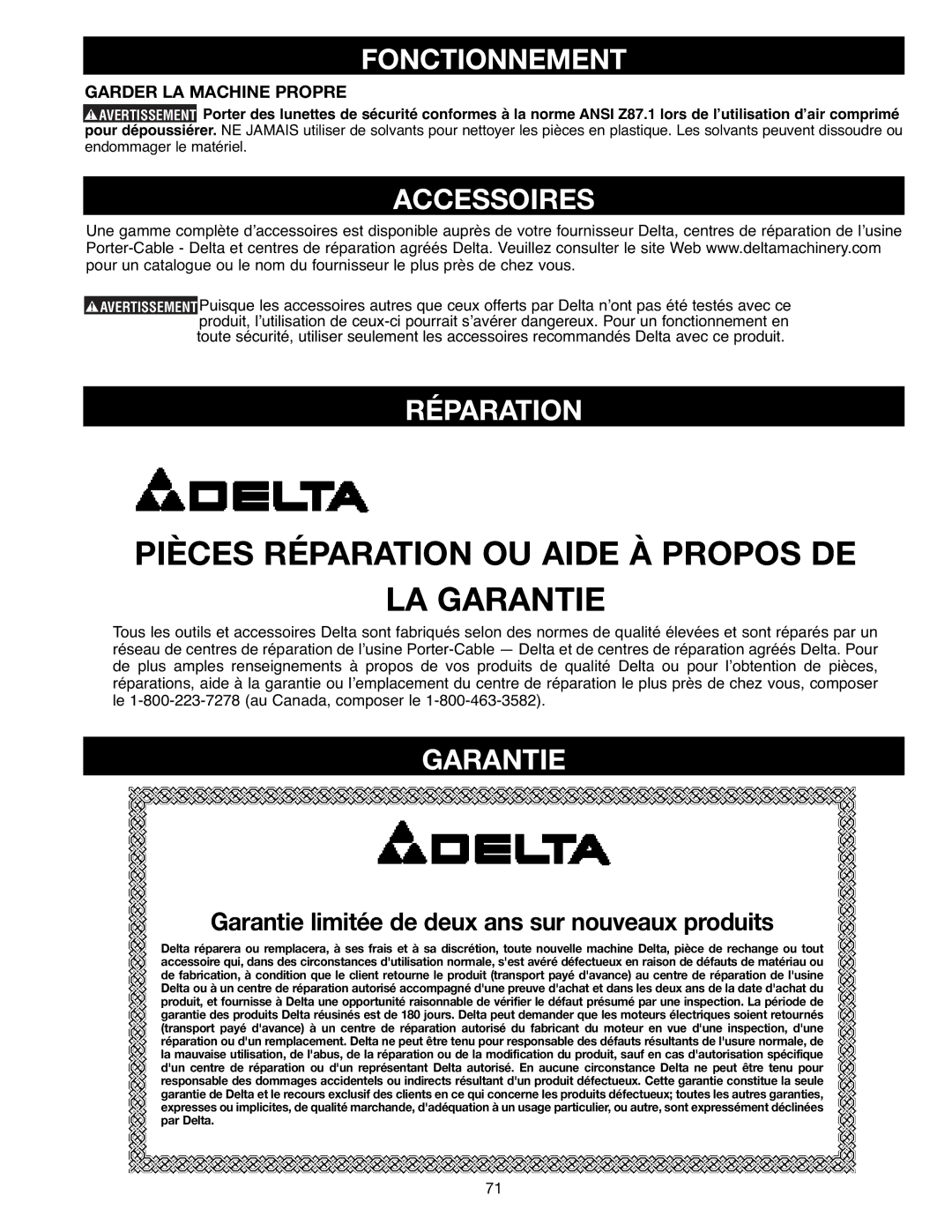 Delta SM400, 638518-00 instruction manual Fonctionnement, Accessoires, Réparation, Garantie 