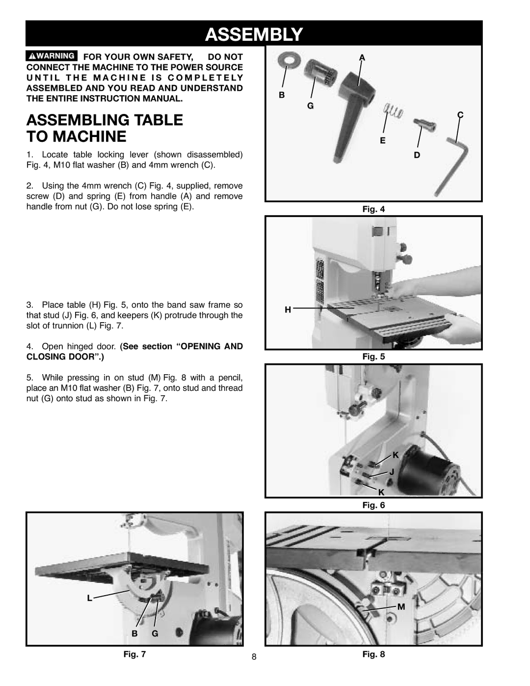 Delta 638518-00, SM400 instruction manual Assembly, Assembling Table To Machine, Closing Door 