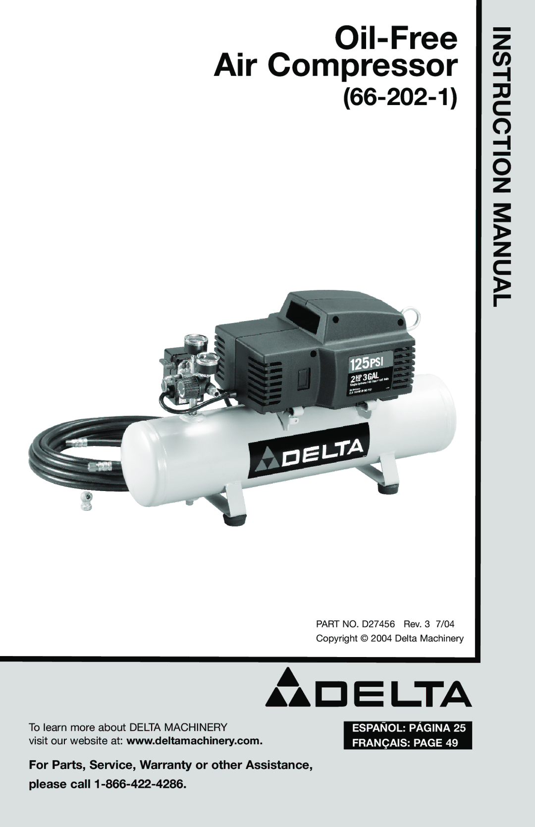 Delta 66-202-1 instruction manual Oil-Free Air Compressor 