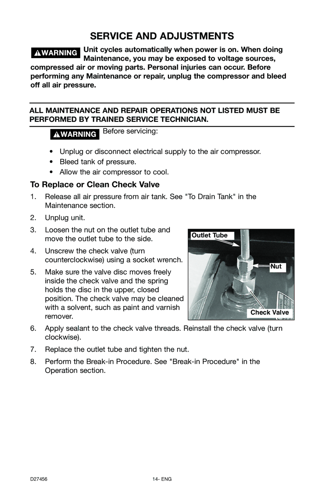 Delta 66-202-1 instruction manual Service and Adjustments, To Replace or Clean Check Valve, Outlet Tube Nut Check Valve 