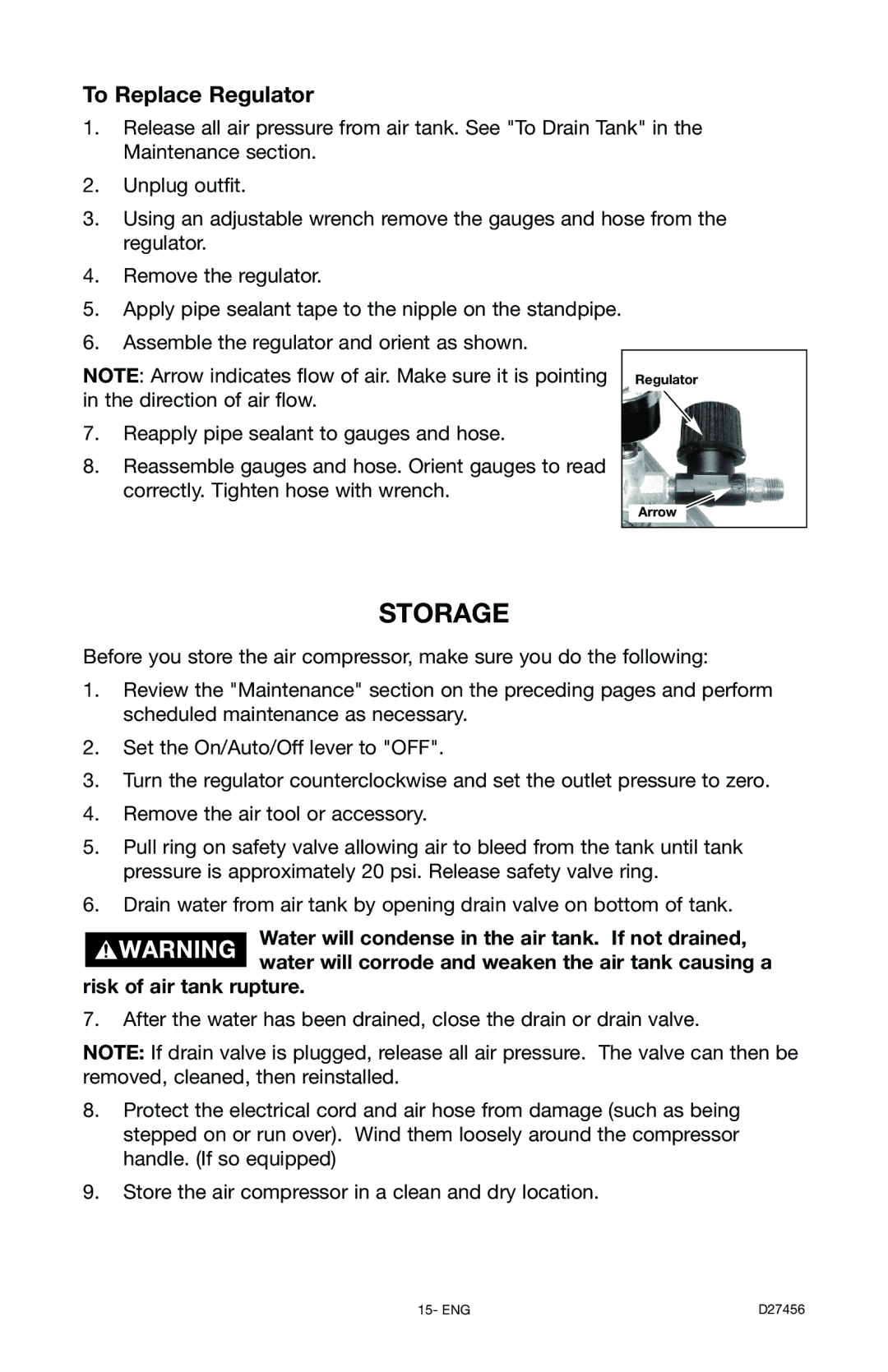 Delta 66-202-1 instruction manual Storage, To Replace Regulator 