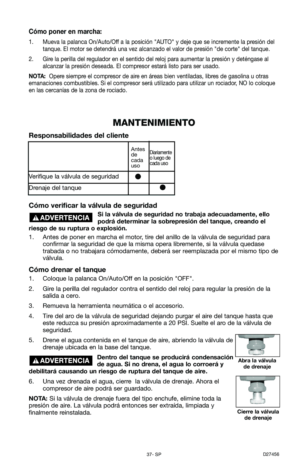 Delta 66-202-1 Mantenimiento, Cómo poner en marcha, Responsabilidades del cliente, Cómo verificar la válvula de seguridad 