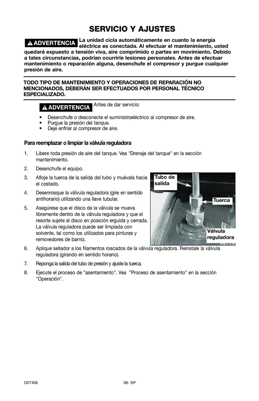 Delta 66-202-1 instruction manual Servicio Y Ajustes, Para reemplazar o limpiar la válvula reguladora, Válvula 