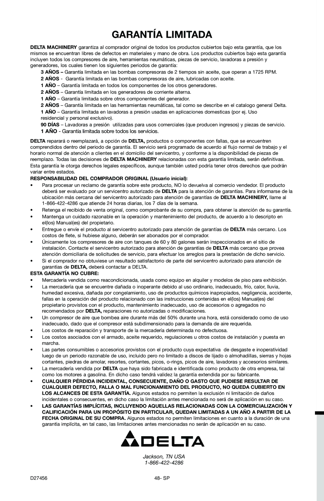 Delta 66-202-1 instruction manual Garantía Limitada, AÑO Garantía limitada sobre todos los servicios 