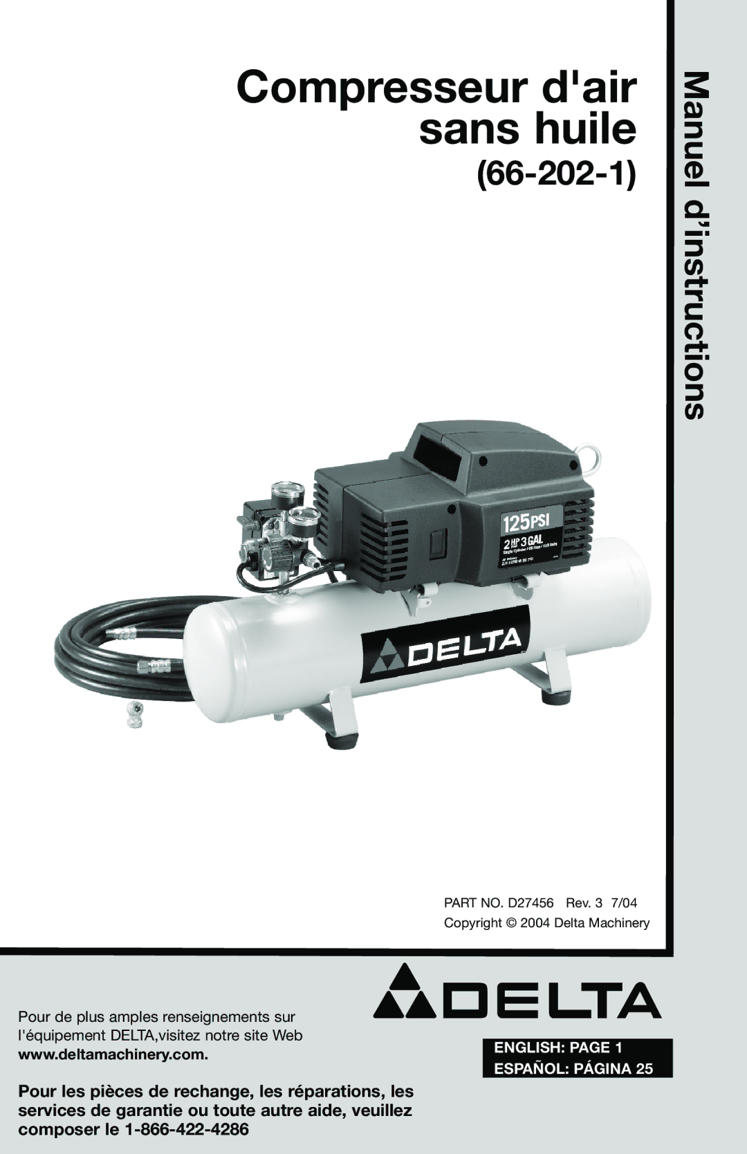 Delta 66-202-1 instruction manual Compresseur dair sans huile 