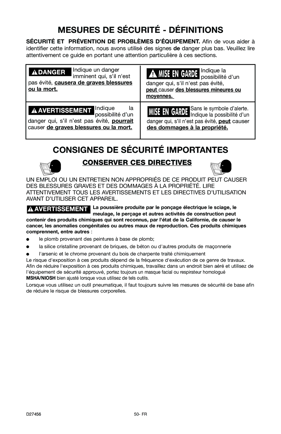 Delta 66-202-1 instruction manual Mesures DE Sécurité Définitions, Consignes DE Sécurité Importantes, Ou la mort, Moyennes 