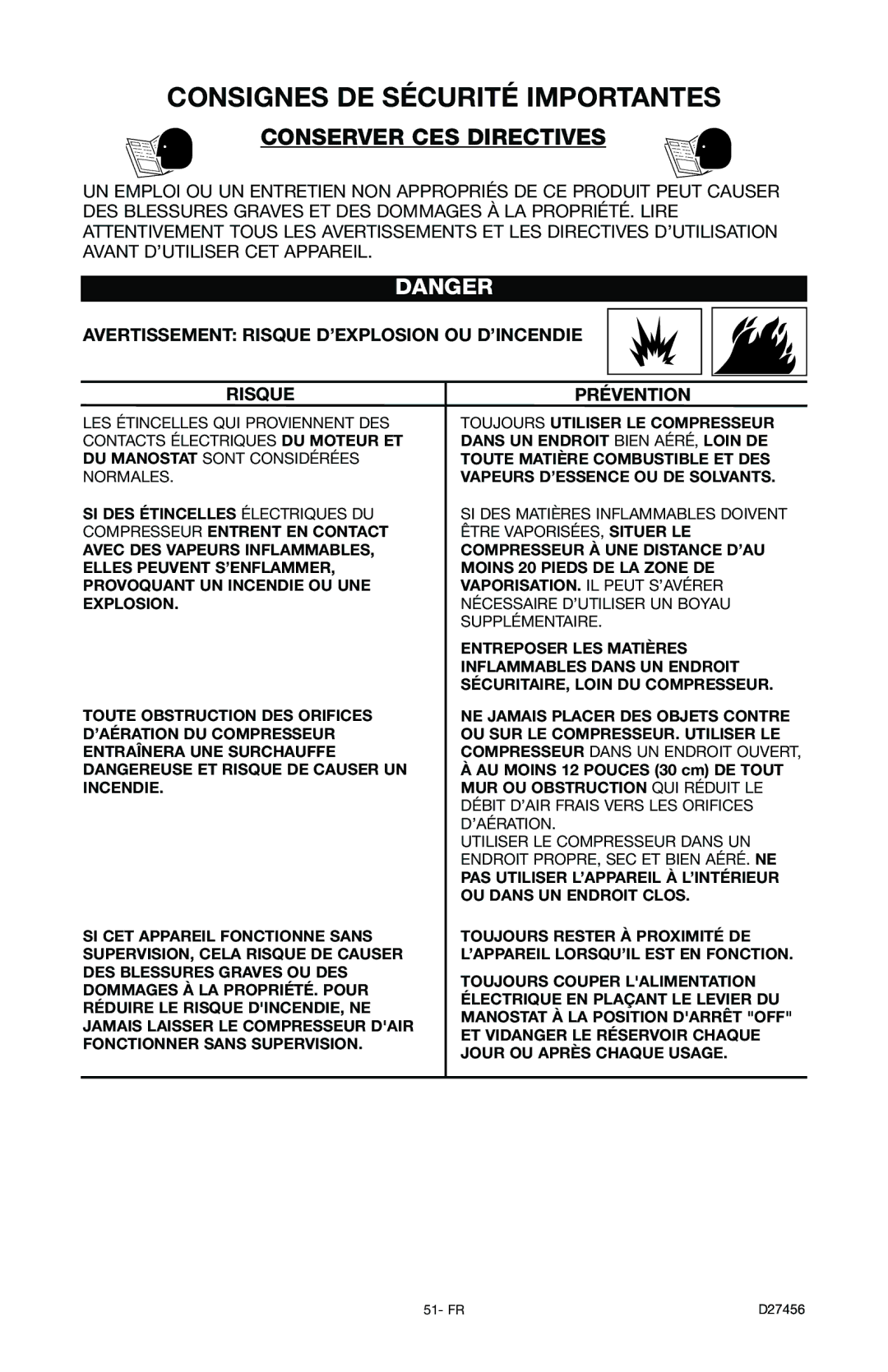 Delta 66-202-1 instruction manual Avertissement Risque D’EXPLOSION OU D’INCENDIE, Prévention 