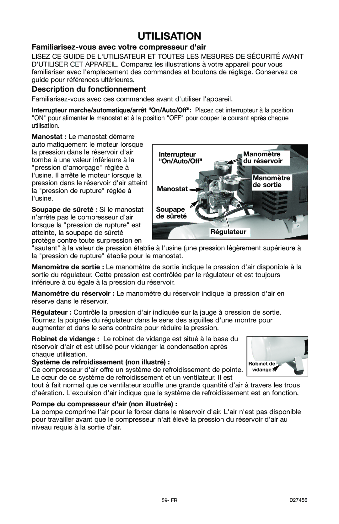 Delta 66-202-1 instruction manual Utilisation, Familiarisez-vous avec votre compresseur dair, Description du fonctionnement 