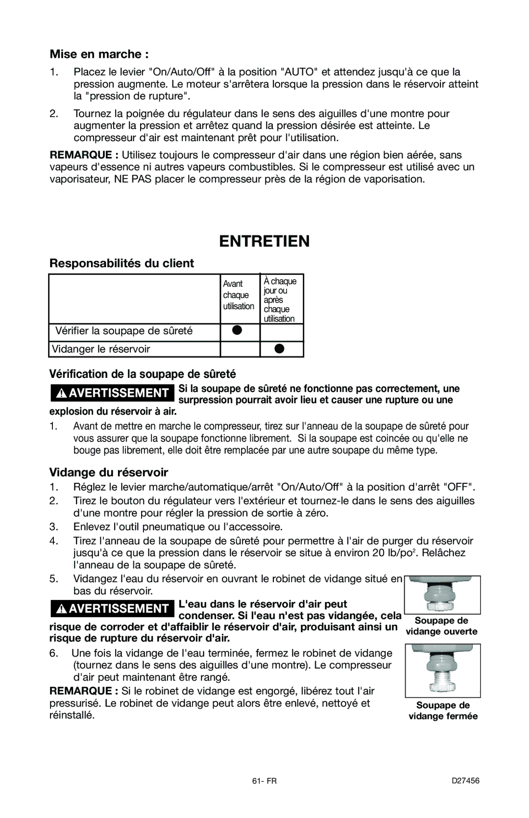 Delta 66-202-1 Entretien, Mise en marche, Responsabilités du client, Vérification de la soupape de sûreté 