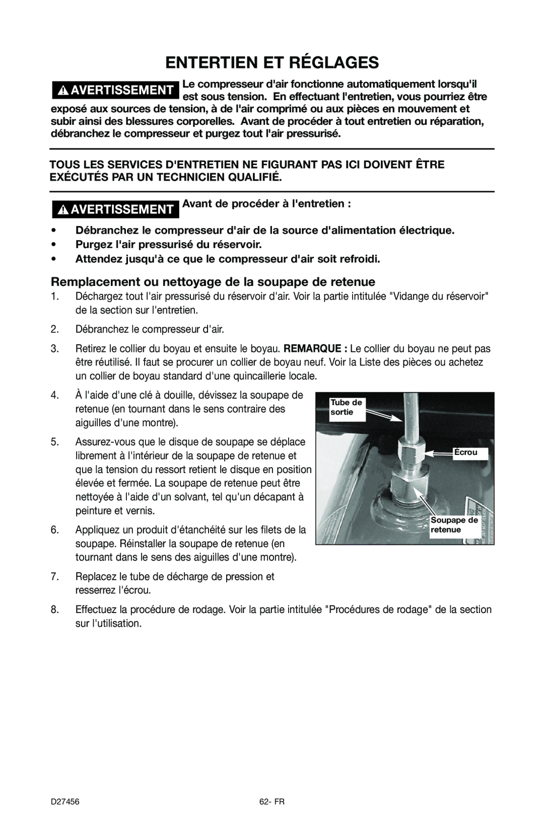 Delta 66-202-1 instruction manual Entertien ET Réglages, Remplacement ou nettoyage de la soupape de retenue 