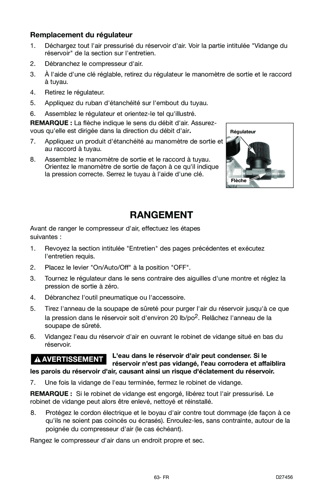 Delta 66-202-1 instruction manual Rangement, Remplacement du régulateur 