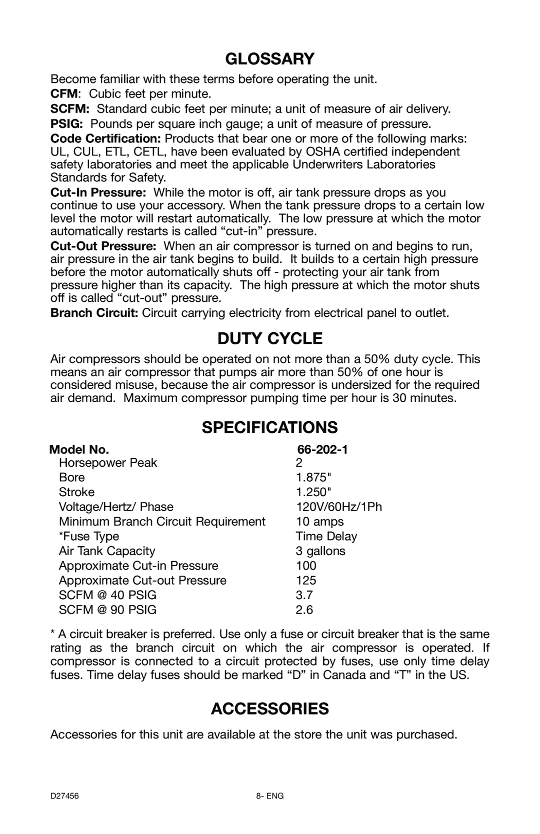 Delta instruction manual Glossary, Duty Cycle, Specifications, Accessories, Model No 66-202-1 