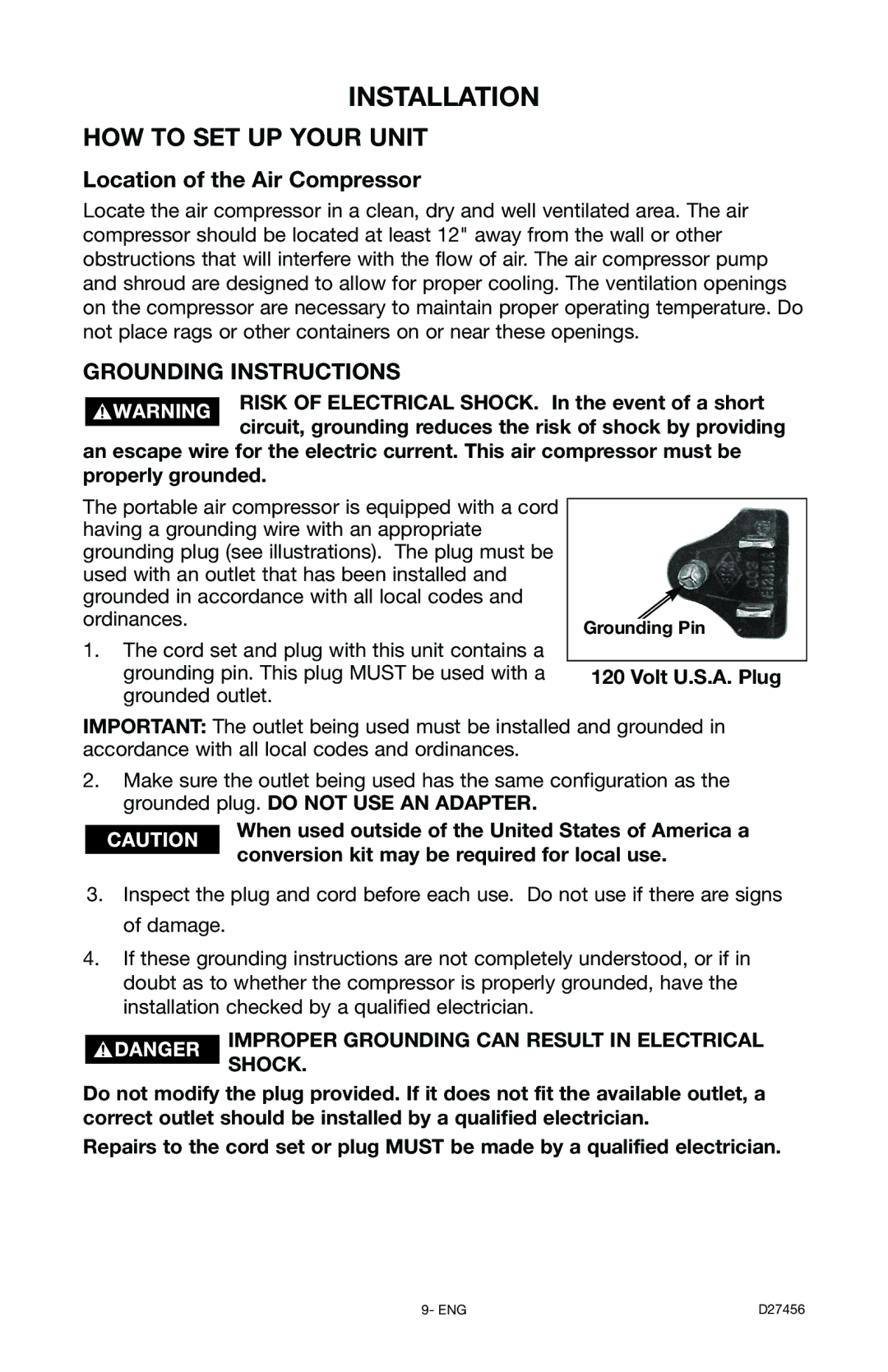 Delta 66-202-1 instruction manual Installation, Location of the Air Compressor, Volt U.S.A. Plug, Grounding Pin 