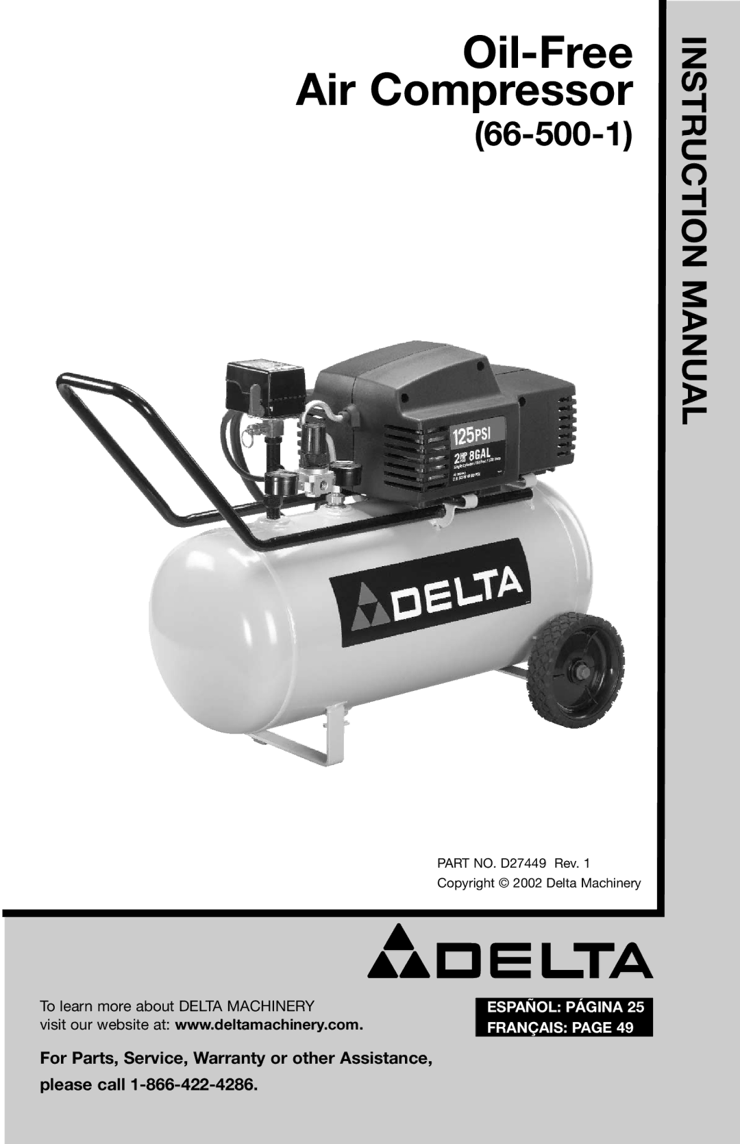 Delta D27449, 66-500-1 instruction manual Oil-Free Air Compressor 