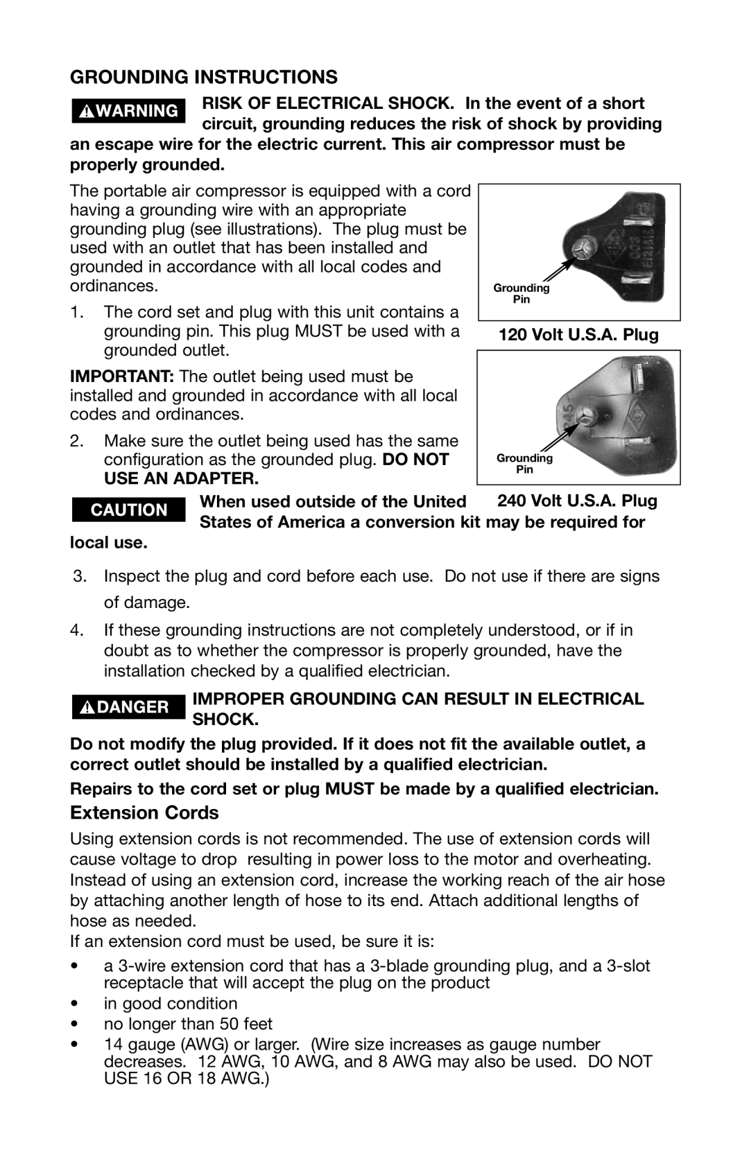 Delta 66-500-1, D27449 instruction manual Extension Cords, Volt U.S.A. Plug 