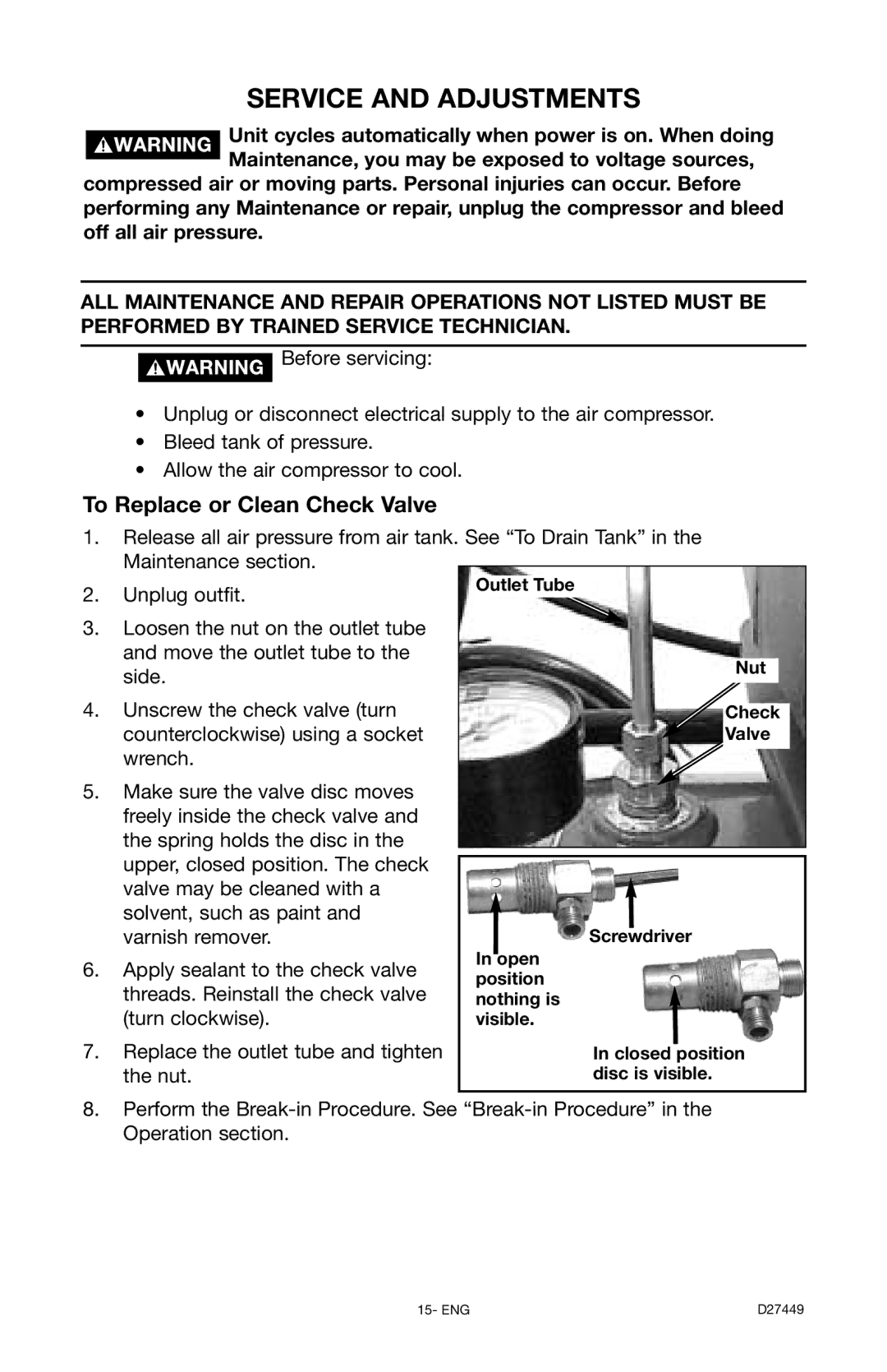 Delta D27449, 66-500-1 instruction manual Service and Adjustments, To Replace or Clean Check Valve, Unplug outfit 